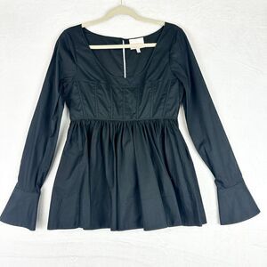 Cinq a Sept Arabella Top Size Medium Black Boned Bodice Cotton Peplum